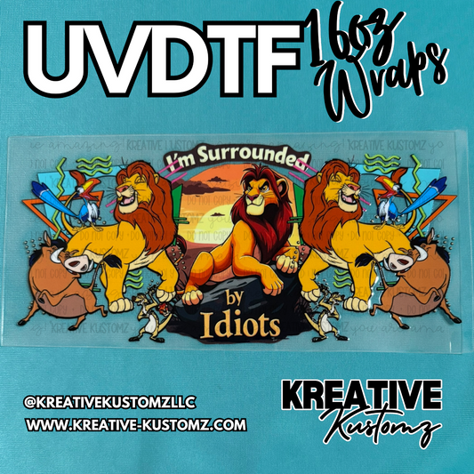 A Lion King themed UV DTF adhesive wrap for a 16oz glass cup featuring Scar and other characters.