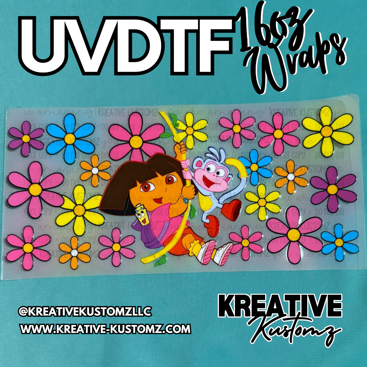 A UV DTF cup wrap featuring Dora the Explorer and Boots surrounded by colorful flowers.