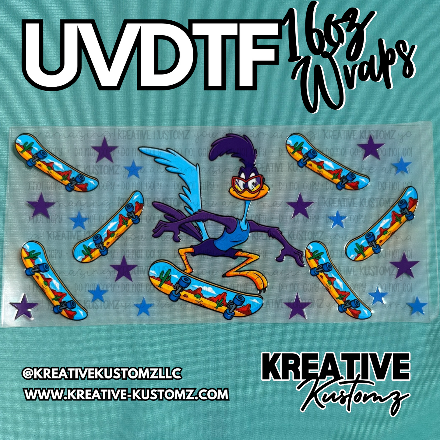 A Road Runner themed UV DTF adhesive wrap for 16oz glass cups featuring skateboards and stars.