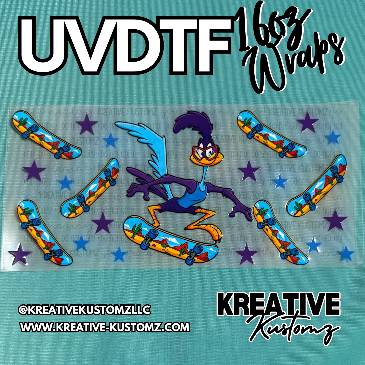 A Road Runner themed UV DTF adhesive wrap for 16oz glass cups featuring skateboards and stars.
