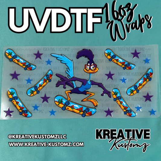 A Road Runner themed UV DTF adhesive wrap for 16oz glass cups featuring skateboards and stars.