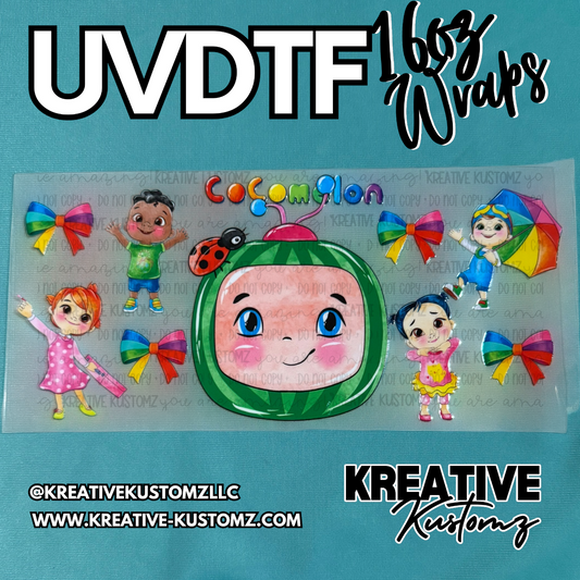 A Cocomelon themed UV DTF adhesive wrap for 16oz glass cups featuring characters and bows.