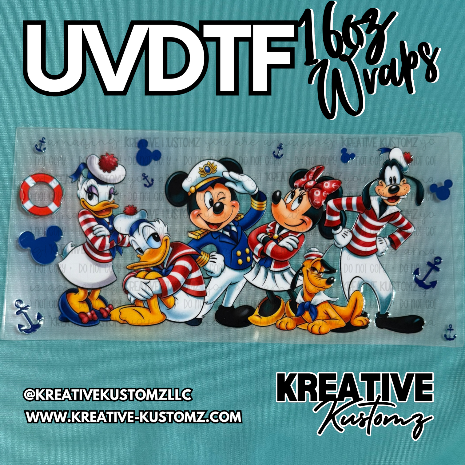 A nautical themed UV DTF adhesive wrap featuring Disney characters for a 16oz glass cup.