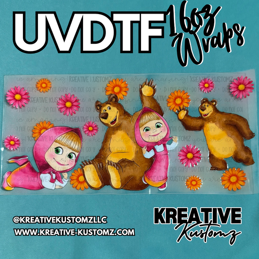 A UV DTF cup wrap featuring Masha and the Bear characters surrounded by colorful flowers.