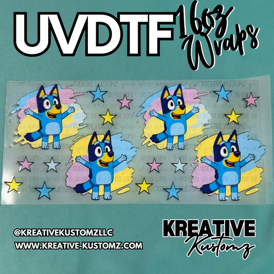 A UV DTF adhesive cup wrap featuring Bluey characters and colorful stars on a clear backing.