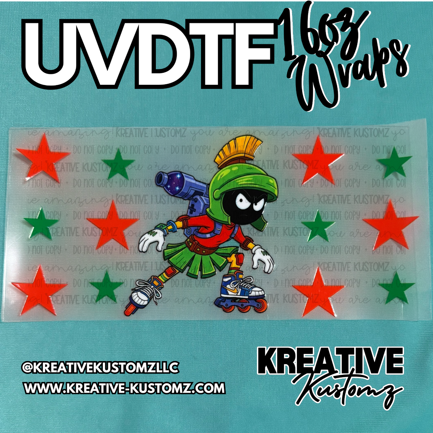 A UV DTF cup wrap featuring a cartoon character on roller skates surrounded by red and green stars.
