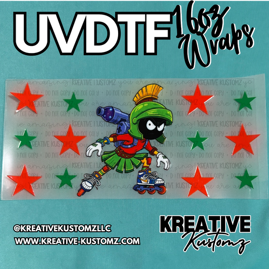 A UV DTF cup wrap featuring a cartoon character on roller skates surrounded by red and green stars.