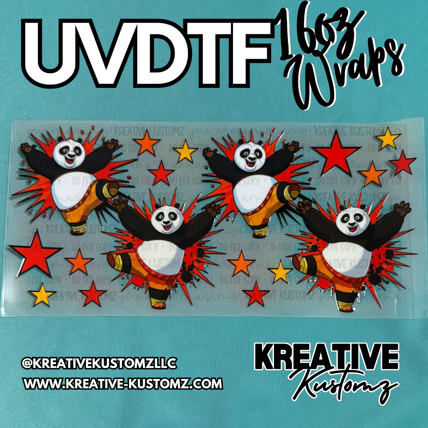 A UV DTF adhesive wrap for 16oz cups featuring Kung Fu Panda characters and red and yellow stars.