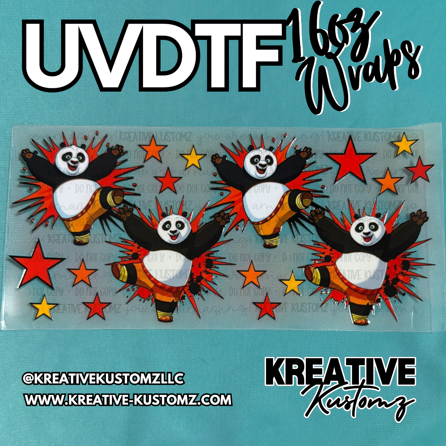 A UV DTF adhesive wrap for 16oz cups featuring Kung Fu Panda characters and red and yellow stars.