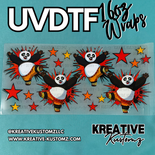 A UV DTF adhesive wrap for 16oz cups featuring Kung Fu Panda characters and red and yellow stars.