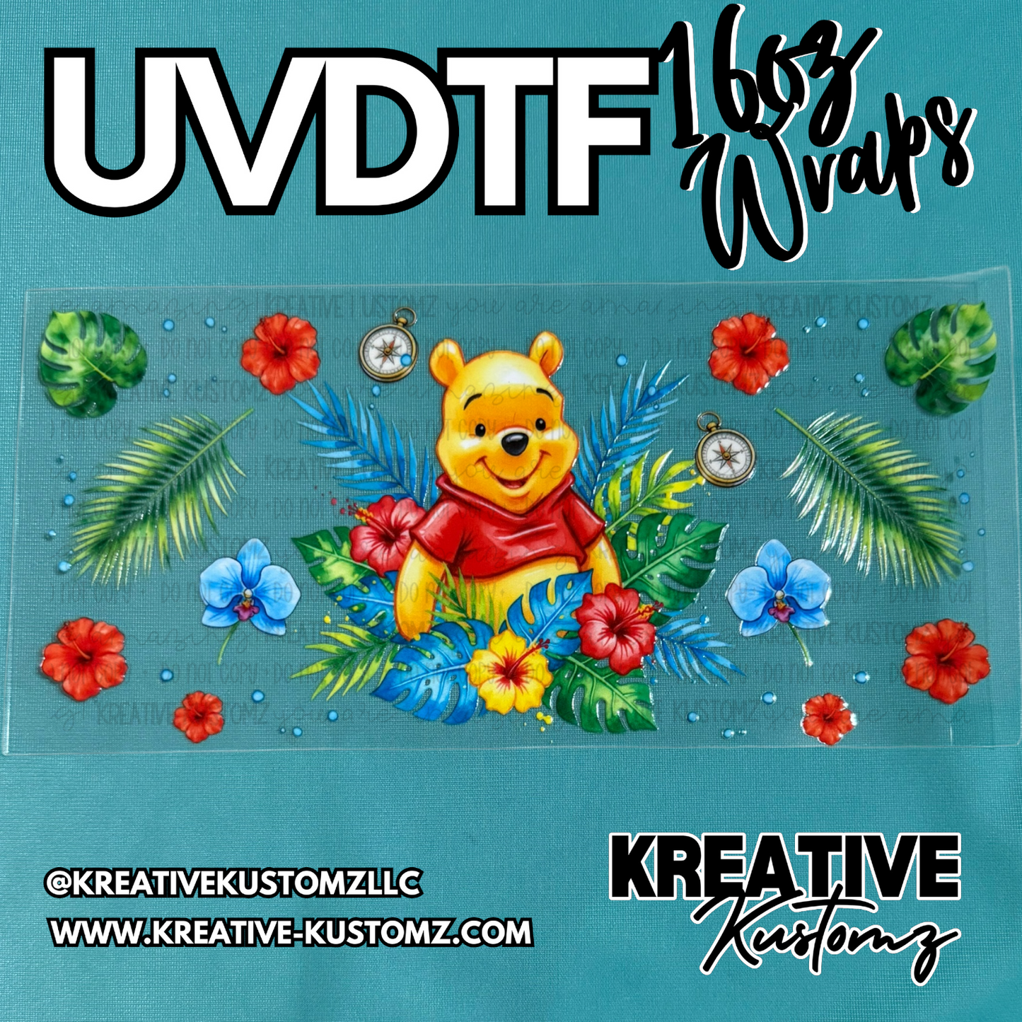 A UV DTF cup wrap featuring Winnie the Pooh surrounded by tropical flowers and leaves.