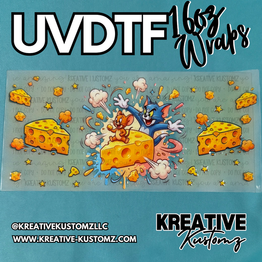A UV DTF adhesive cup wrap featuring Tom and Jerry with cheese and stars on a clear background.