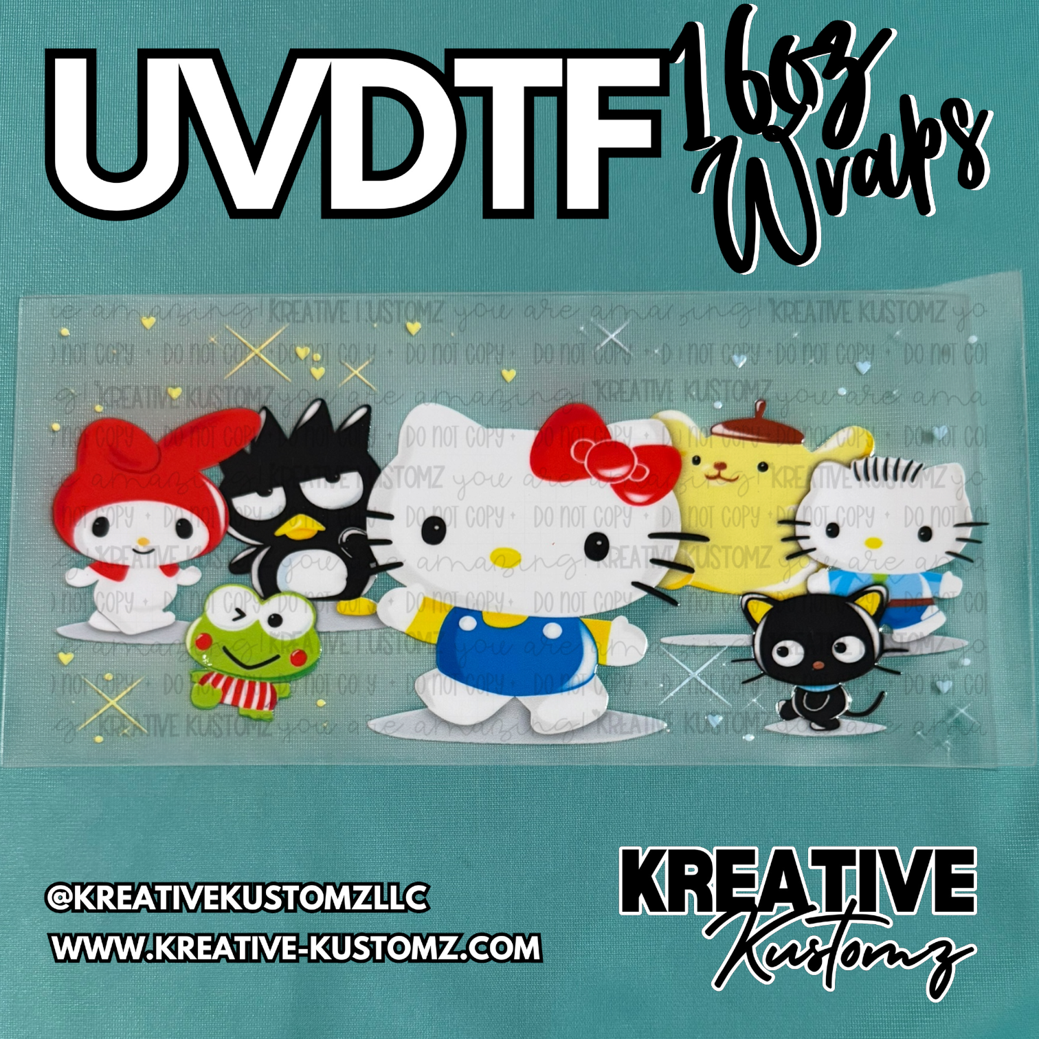A UV DTF adhesive cup wrap featuring Hello Kitty and friends on a clear backing.