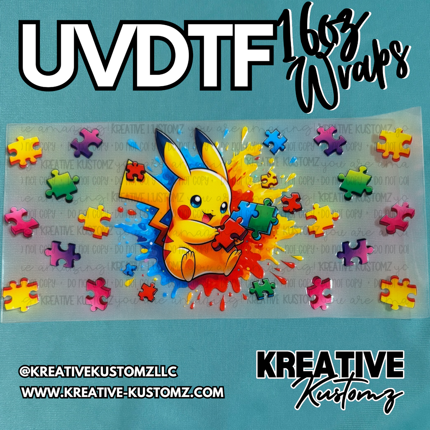 A UV DTF cup wrap featuring Pikachu surrounded by colorful puzzle pieces on a clear backing.