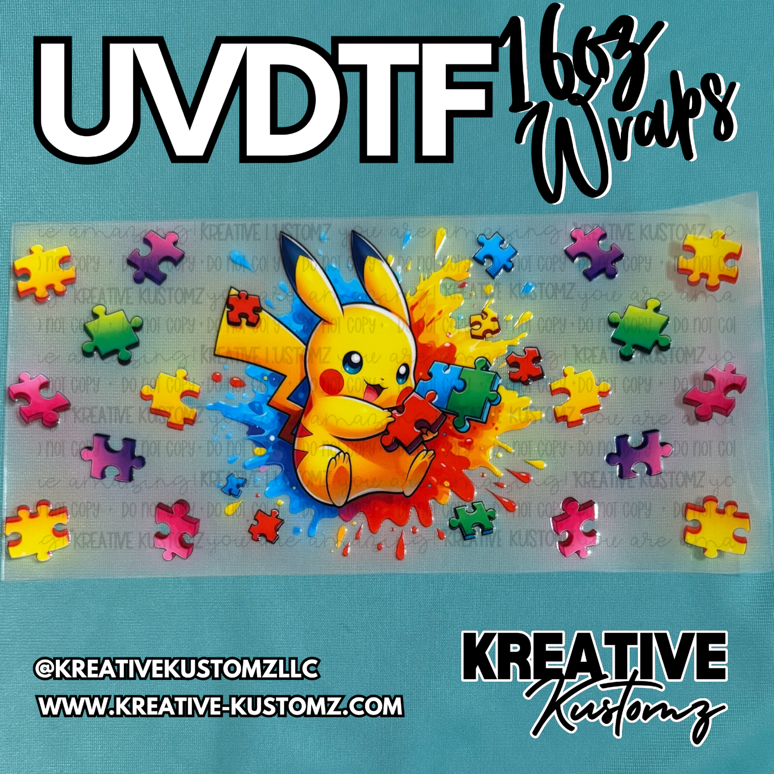 A UV DTF cup wrap featuring Pikachu surrounded by colorful puzzle pieces on a clear backing.