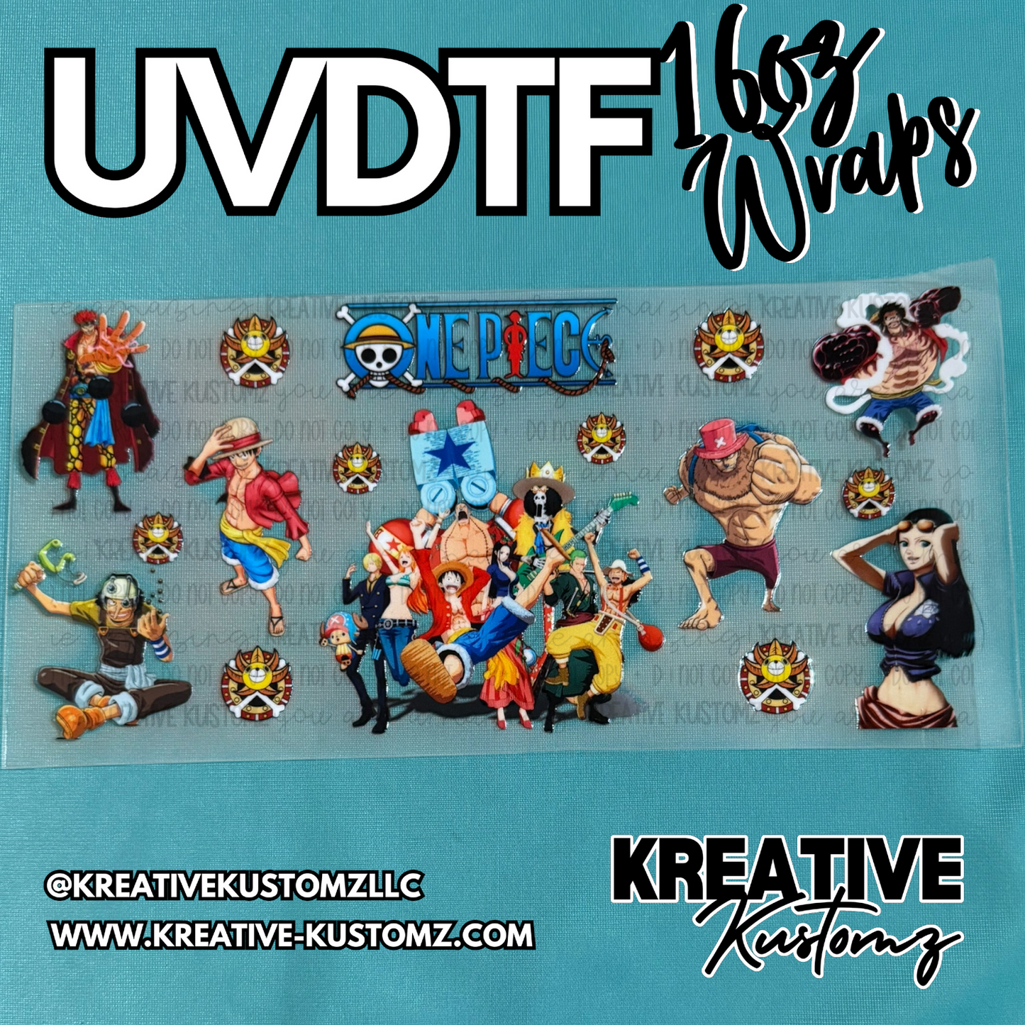 A One Piece themed UV DTF adhesive wrap for 16oz glass cups featuring various anime characters.