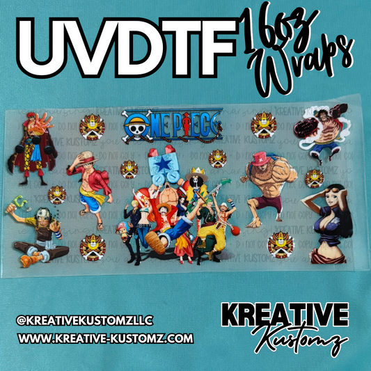 A One Piece themed UV DTF adhesive wrap for 16oz glass cups featuring various anime characters.
