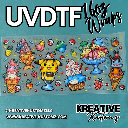 A UV DTF adhesive cup wrap featuring colorful illustrations of Pokemon themed ice cream treats.