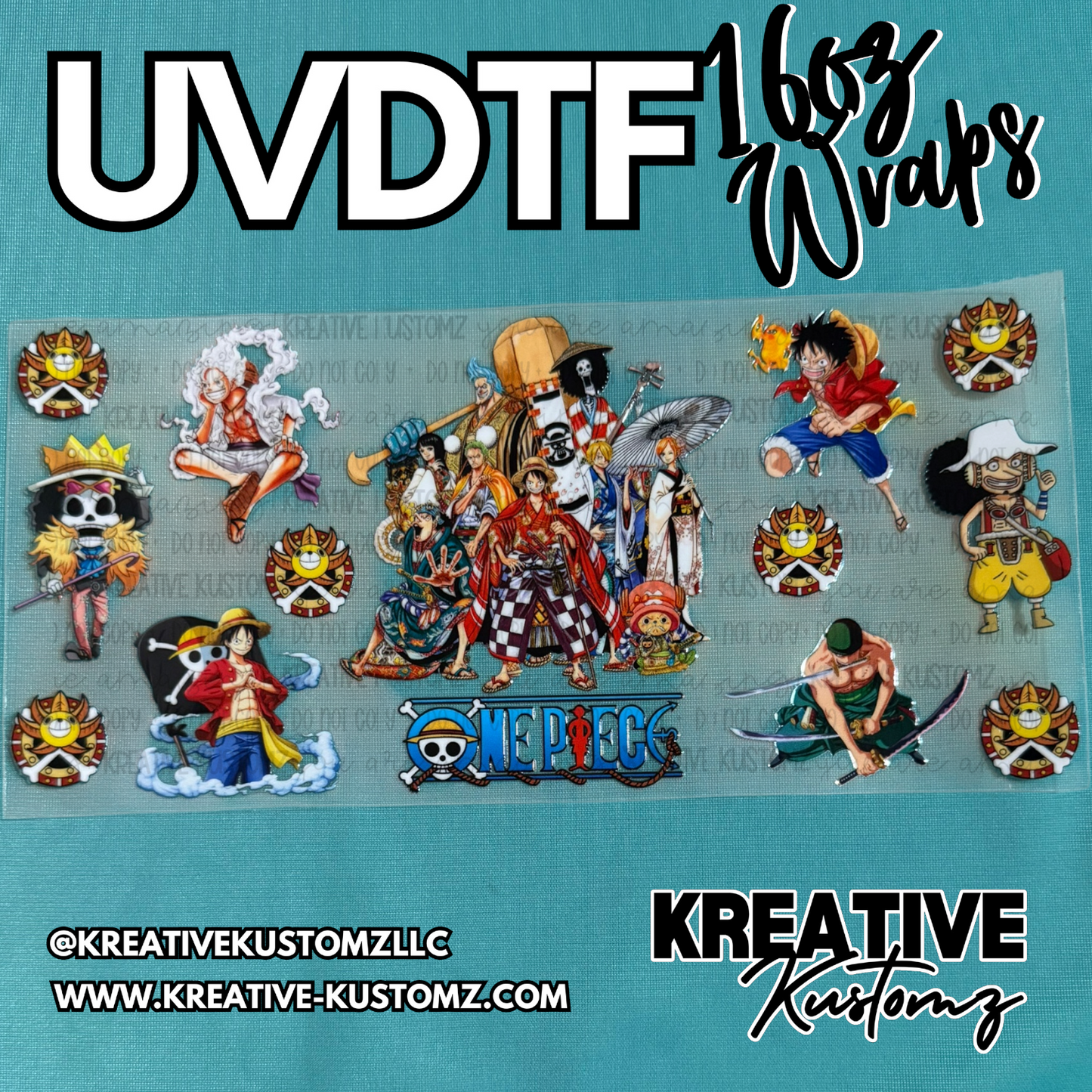 A One Piece themed UV DTF adhesive wrap for 16oz glass cups featuring various anime characters.