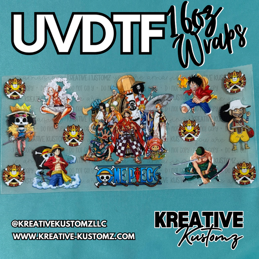 A One Piece themed UV DTF adhesive wrap for 16oz glass cups featuring various anime characters.