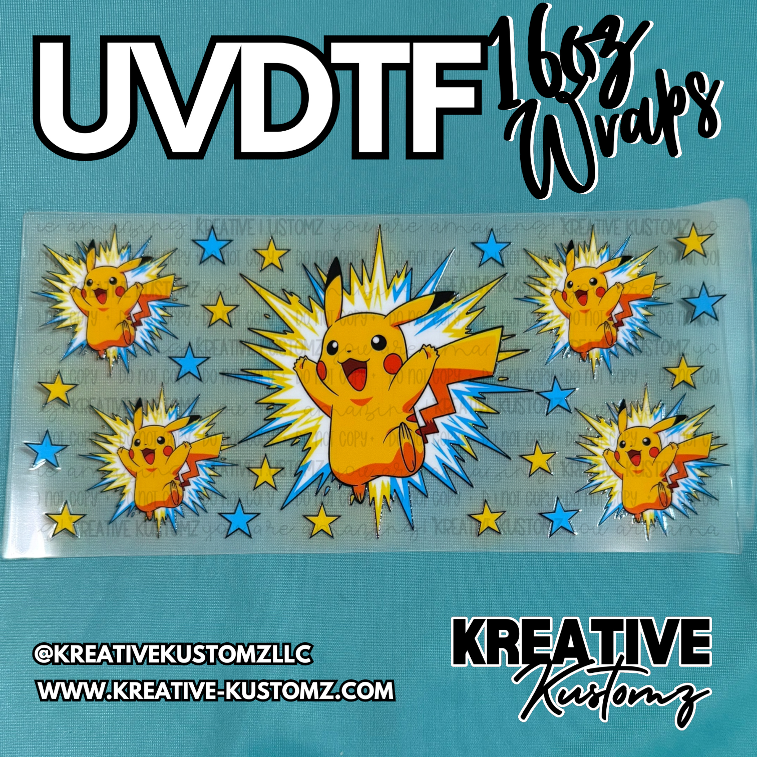 A UV DTF adhesive cup wrap featuring a Pikachu pattern with yellow and blue stars.