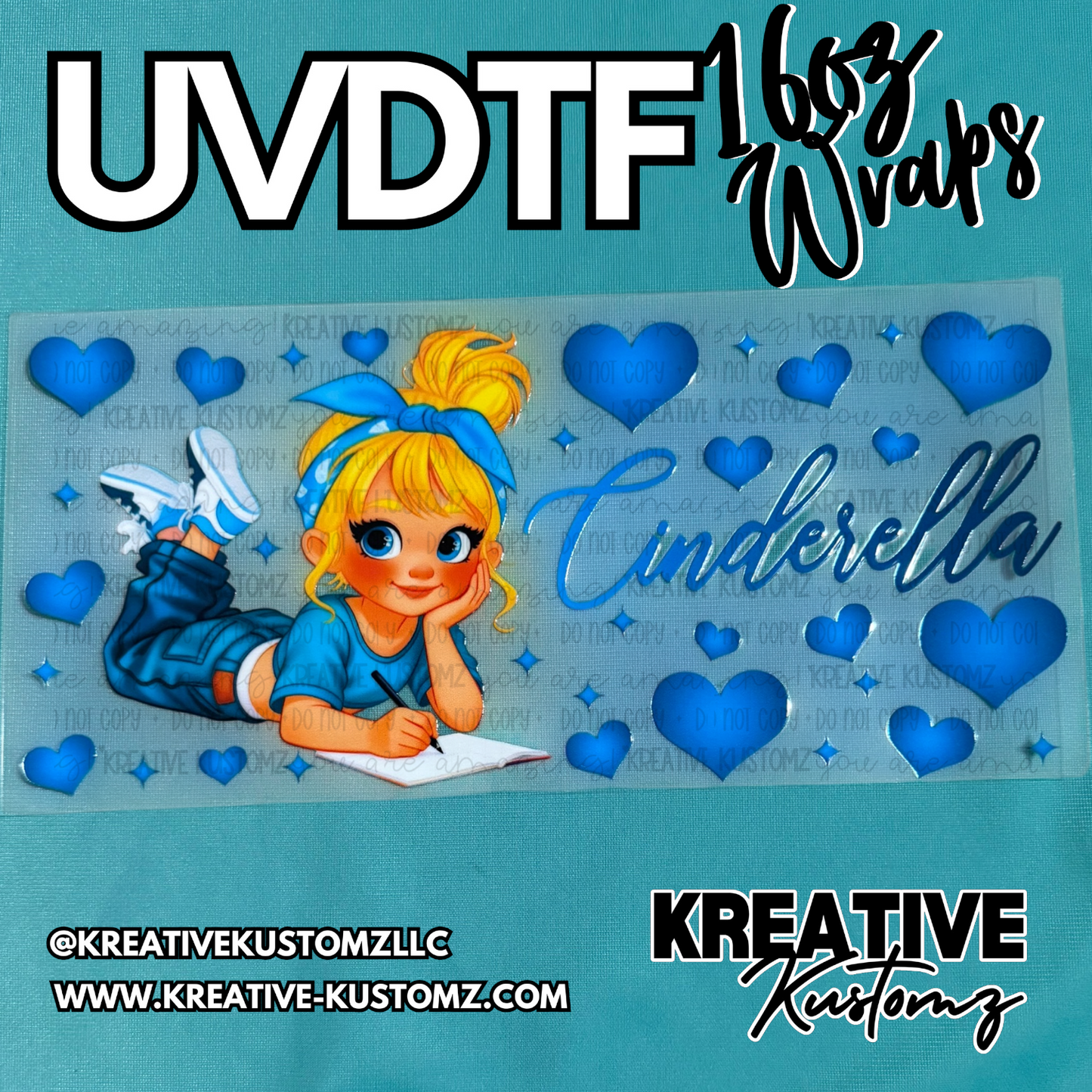 A UV DTF adhesive cup wrap featuring a cartoon Cinderella character and blue hearts.