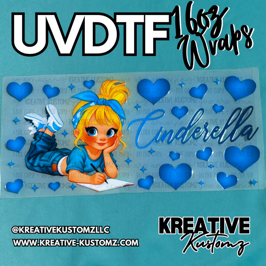 A UV DTF adhesive cup wrap featuring a cartoon Cinderella character and blue hearts.