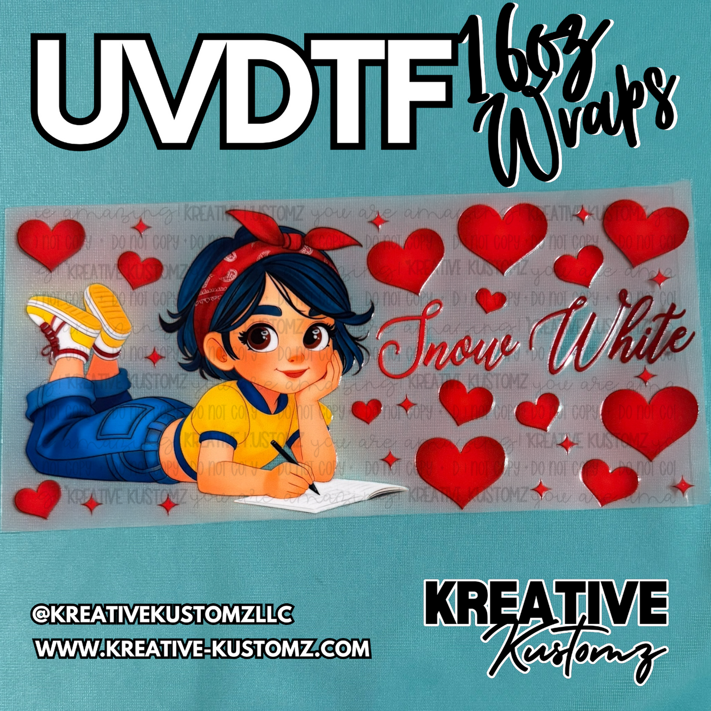 A UV DTF cup wrap featuring a cartoon Snow White character surrounded by red hearts.