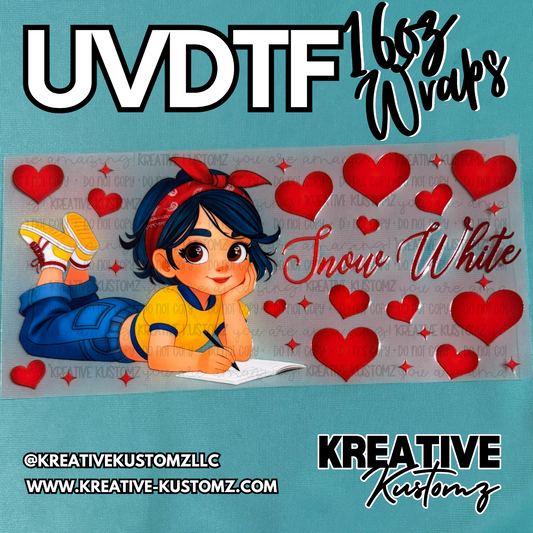 A UV DTF cup wrap featuring a cartoon Snow White character surrounded by red hearts.