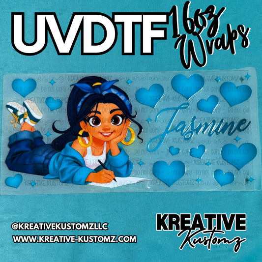A UV DTF cup wrap featuring a cartoon illustration of Jasmine with blue hearts on a clear sheet.