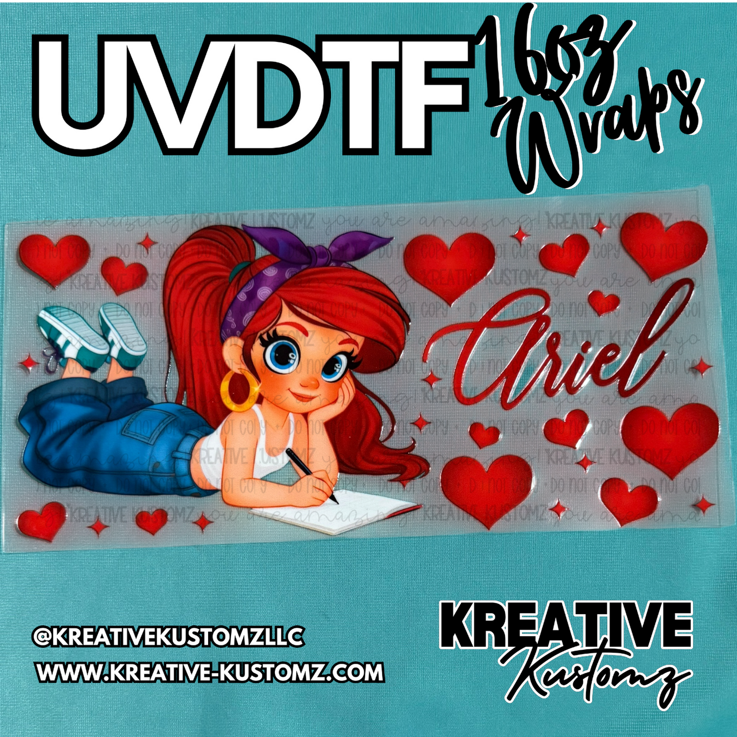 A UV DTF cup wrap featuring a cartoon Ariel character writing in a journal surrounded by red hearts.