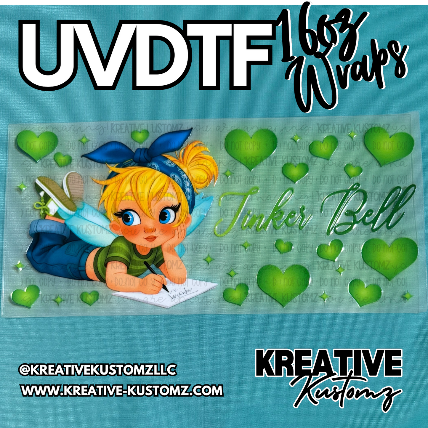 A UV DTF cup wrap featuring a cartoon fairy writing on paper surrounded by green hearts.