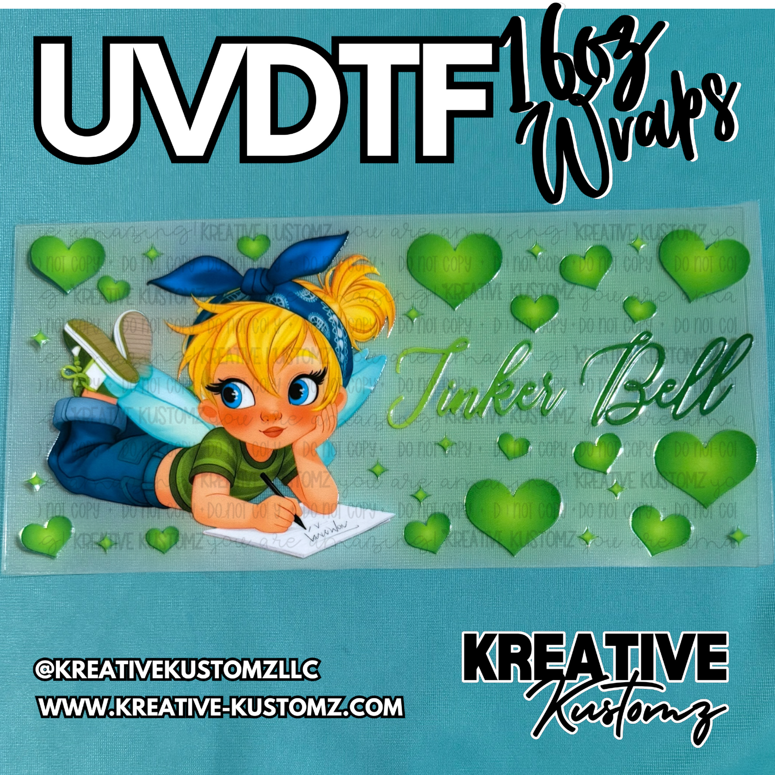 A UV DTF cup wrap featuring a cartoon fairy writing on paper surrounded by green hearts.
