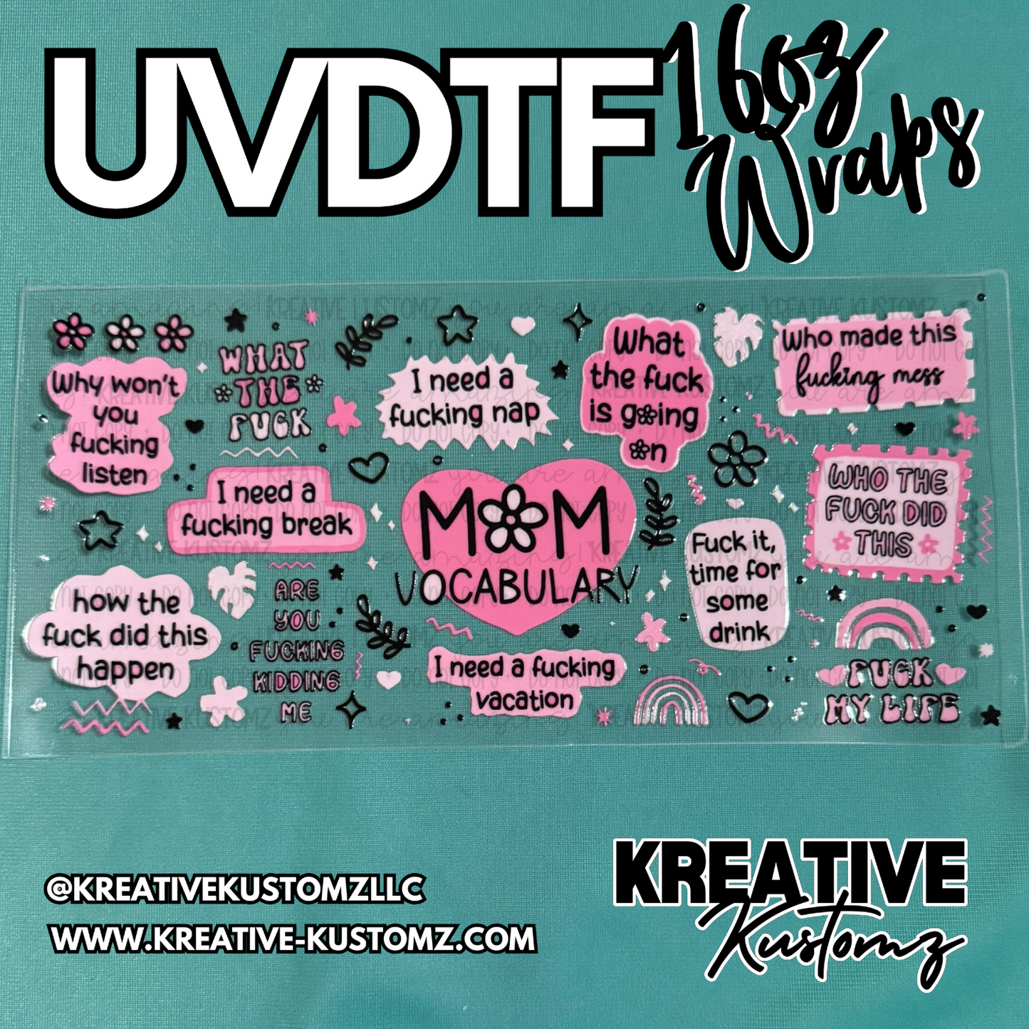 A sheet of pink and black adhesive cup wrap decals featuring various humorous phrases.