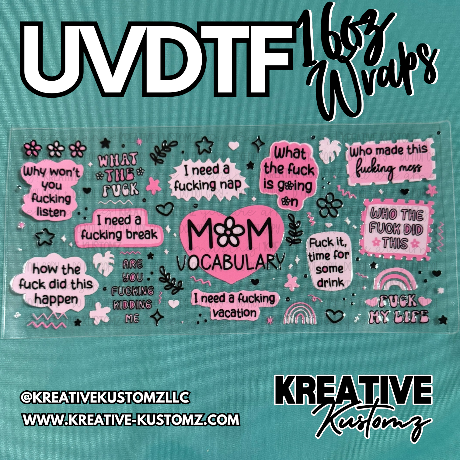 A sheet of pink and black adhesive cup wrap decals featuring various humorous phrases.