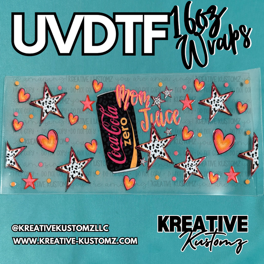 A UV DTF cup wrap featuring a Coca-Cola Zero can, hearts, and stars on a clear backing.