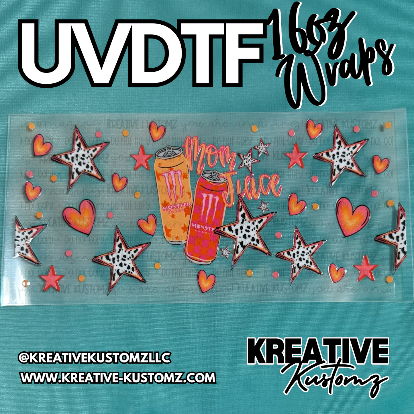 A UV DTF cup wrap featuring Monster energy cans, hearts, and stars on a clear backing.
