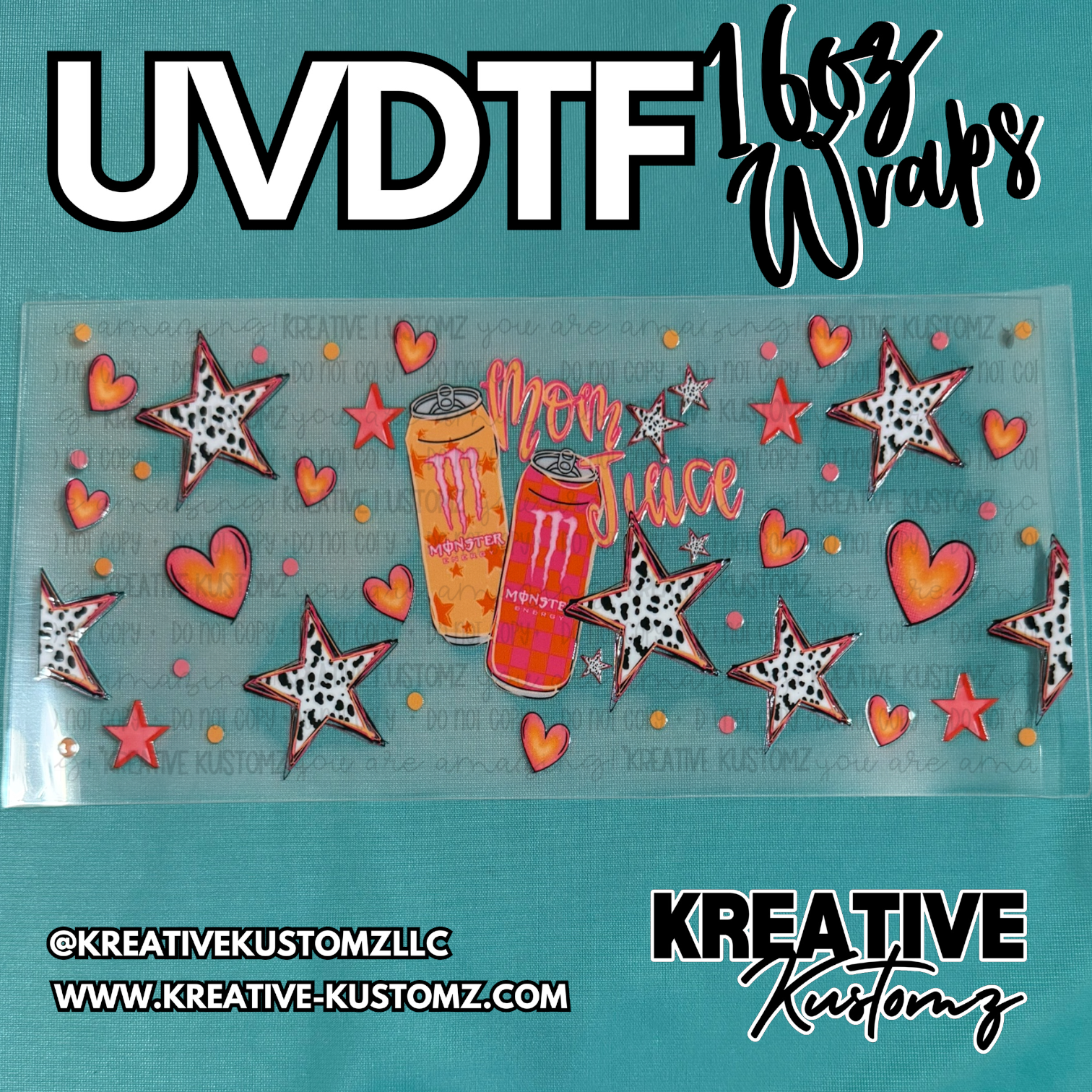 A UV DTF cup wrap featuring Monster energy cans, hearts, and stars on a clear backing.