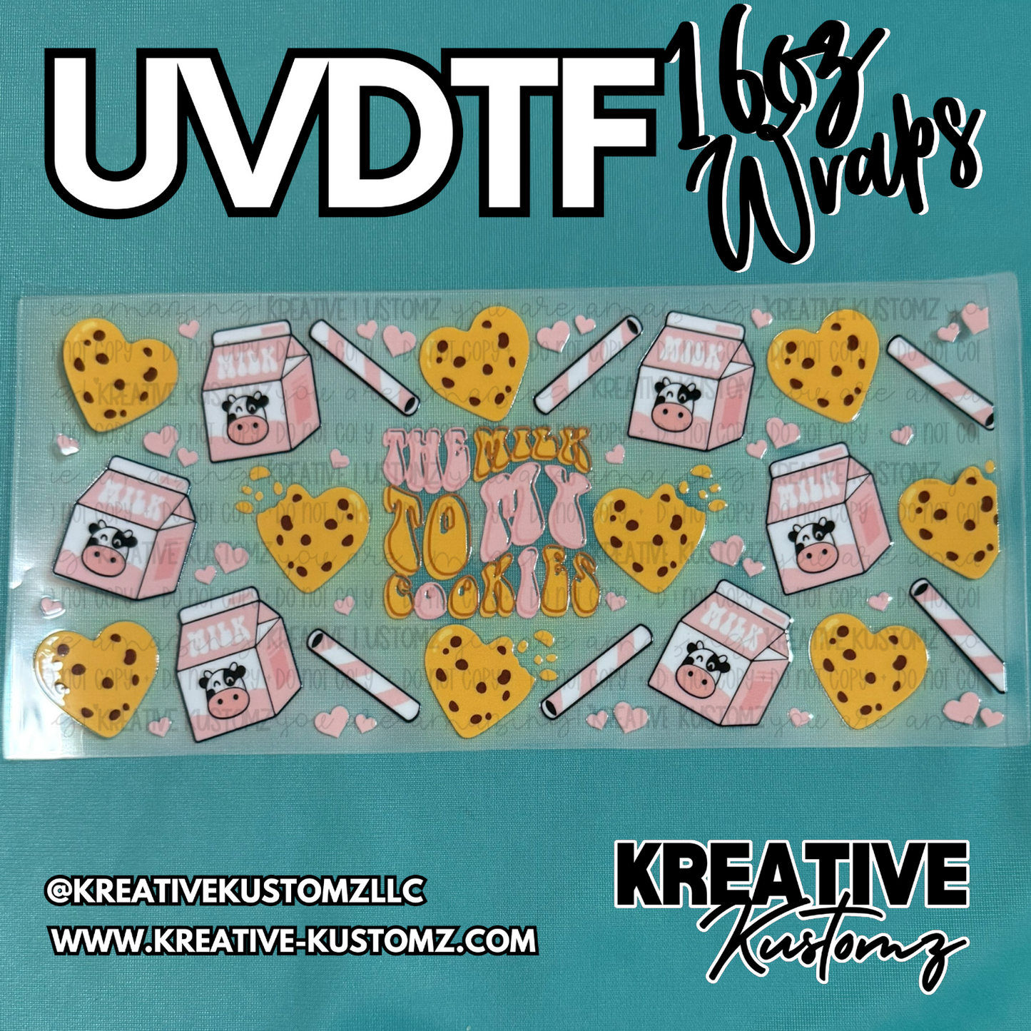 A UV DTF cup wrap featuring a milk and cookies theme with hearts and straws on a clear sheet.