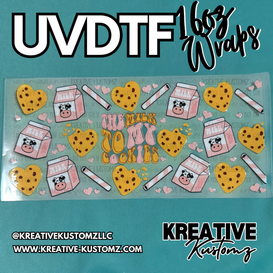 A UV DTF cup wrap featuring a milk and cookies theme with hearts and straws on a clear sheet.