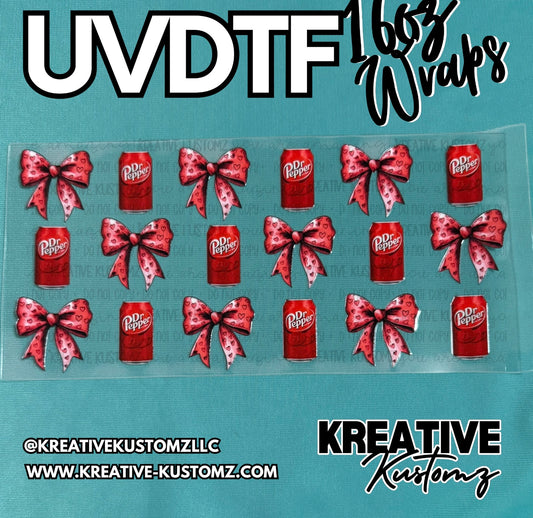 A sheet of UV DTF cup wrap decals featuring alternating Dr. Pepper cans and heart-patterned bows.