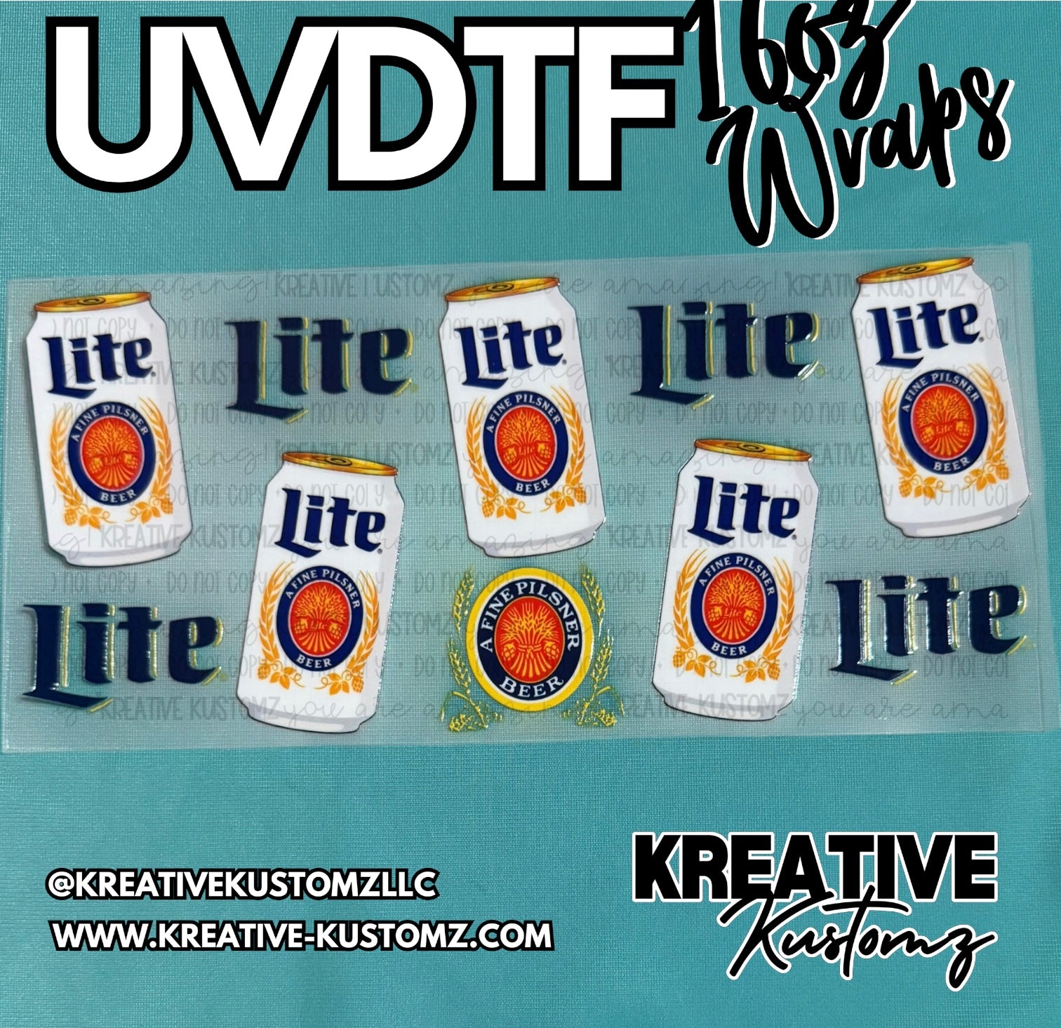A sheet of Miller Lite themed UV DTF adhesive decals for 16oz glass cups.