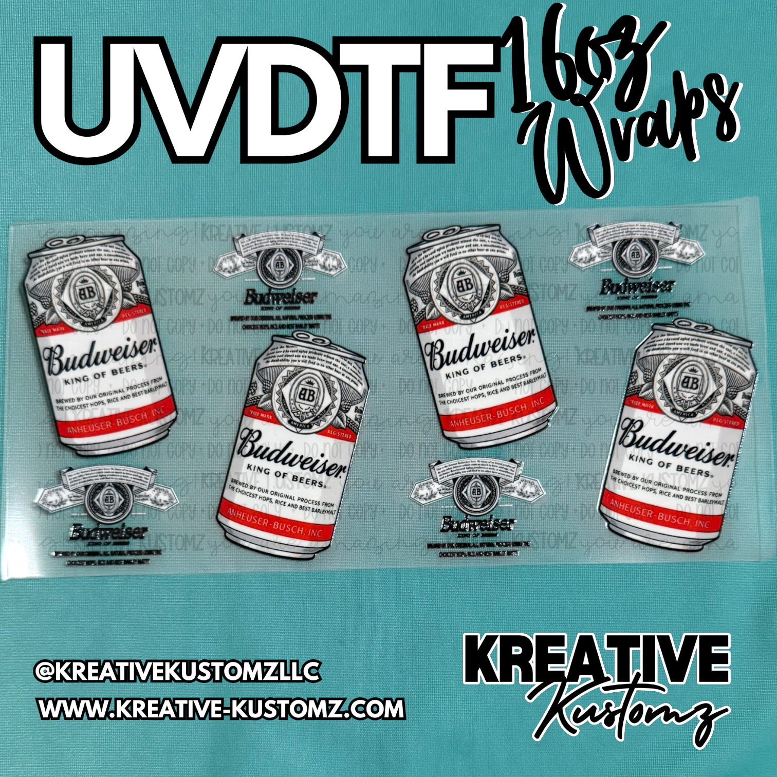 A sheet of UV DTF adhesive cup wraps featuring Budweiser beer can designs for 16oz glass cans.