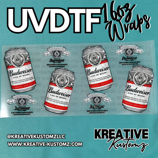 A sheet of UV DTF adhesive cup wraps featuring Budweiser beer can designs for 16oz glass cans.