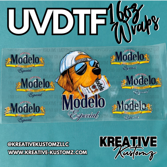 A UV DTF cup wrap featuring a dog wearing sunglasses and multiple Modelo Especial logos.