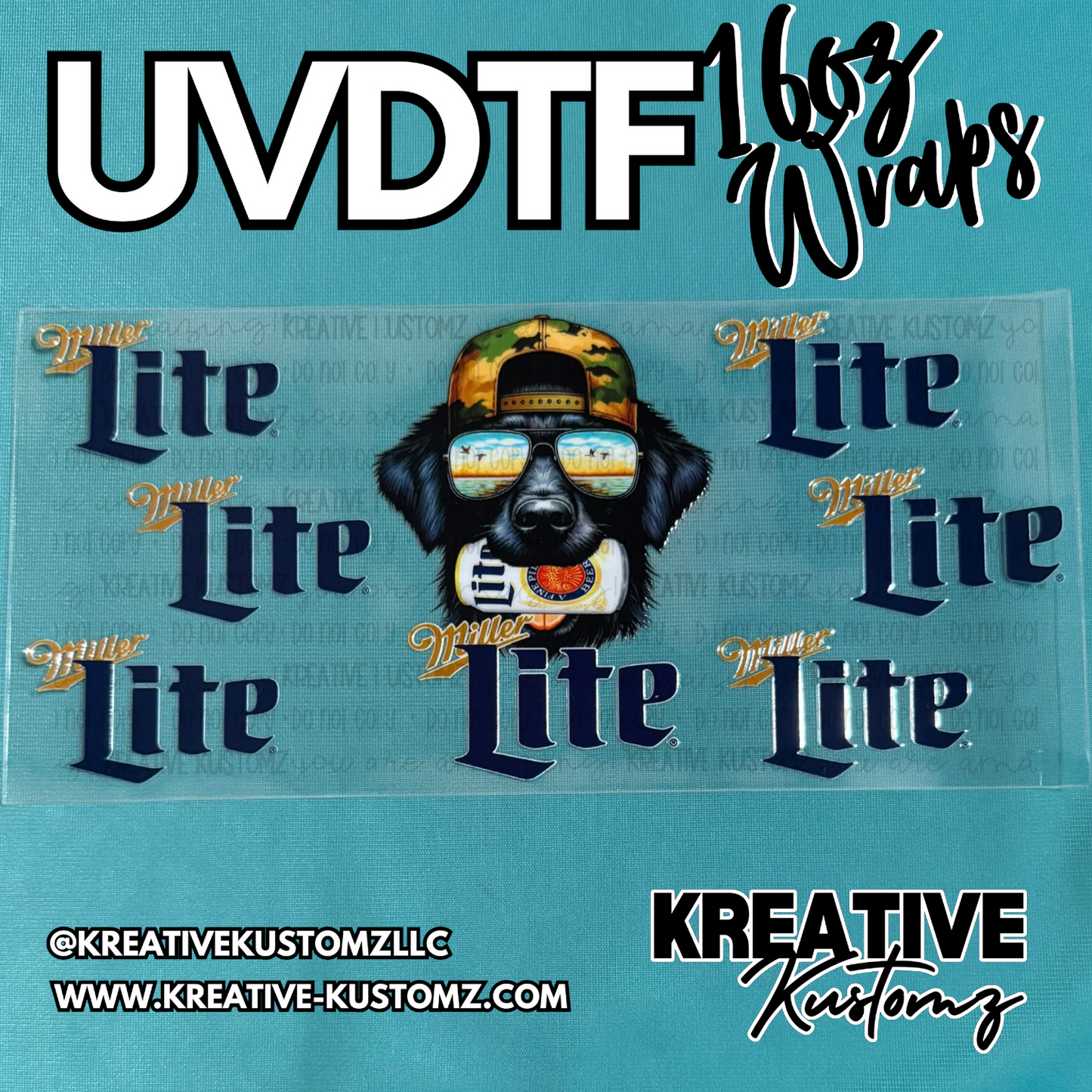 A UV DTF cup wrap featuring a dog wearing a camo hat and sunglasses with Miller Lite logos.
