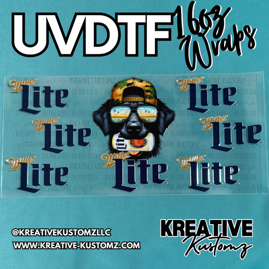 A UV DTF cup wrap featuring a dog wearing a camo hat and sunglasses with Miller Lite logos.
