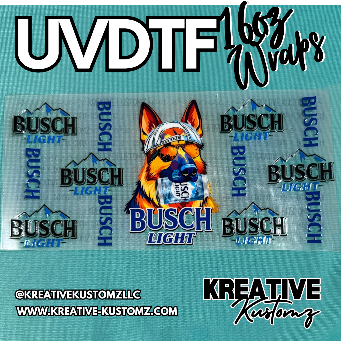 A UV DTF cup wrap featuring a German Shepherd wearing sunglasses and holding a Busch Light can.