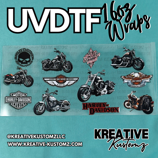 A sheet of Harley Davidson themed UV DTF adhesive decals for 16oz glass cups.
