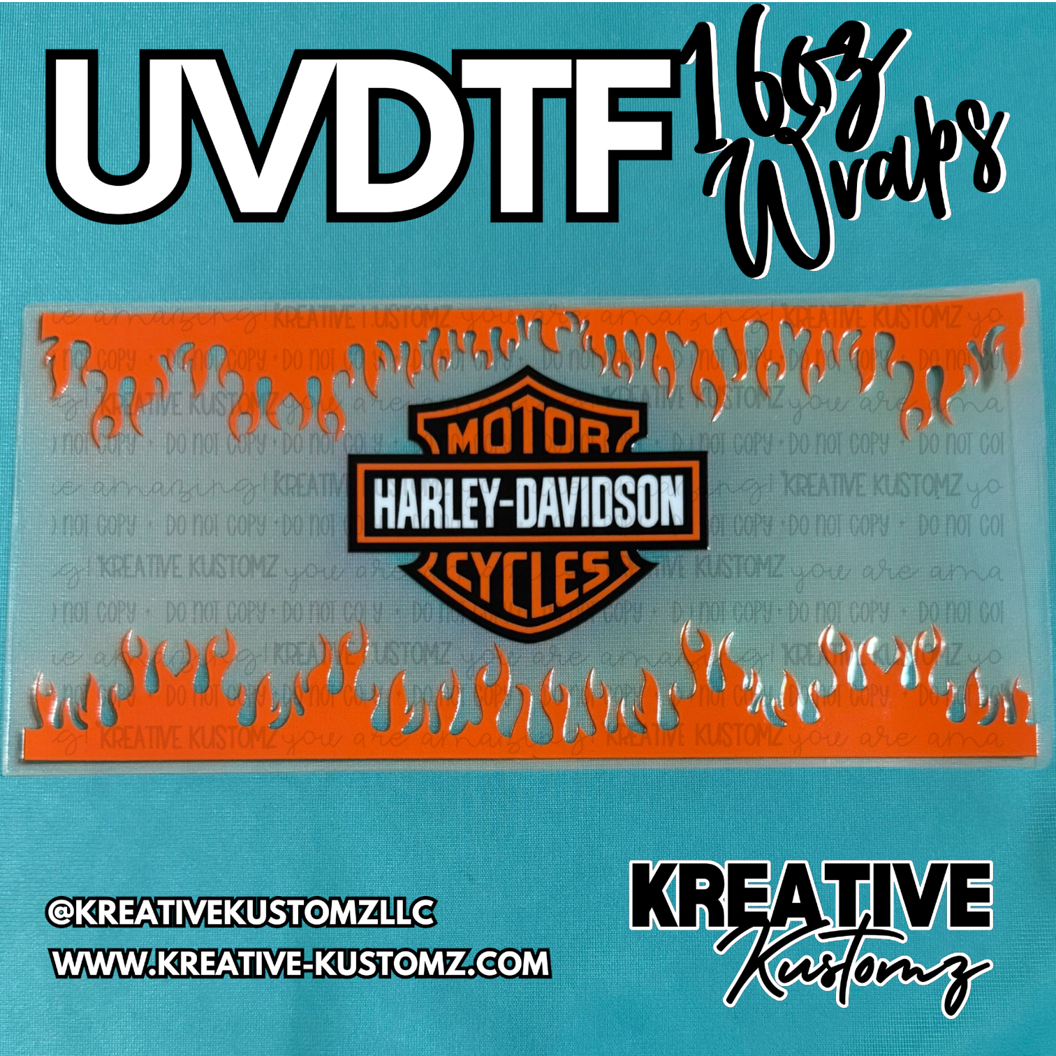 A Harley-Davidson logo cup wrap with orange flames on a clear adhesive sheet.